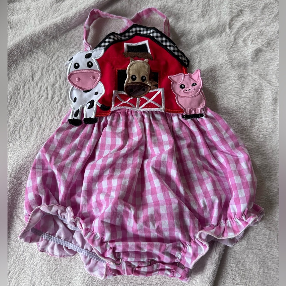 Girls Pink Gingham Farm Animal Bubble